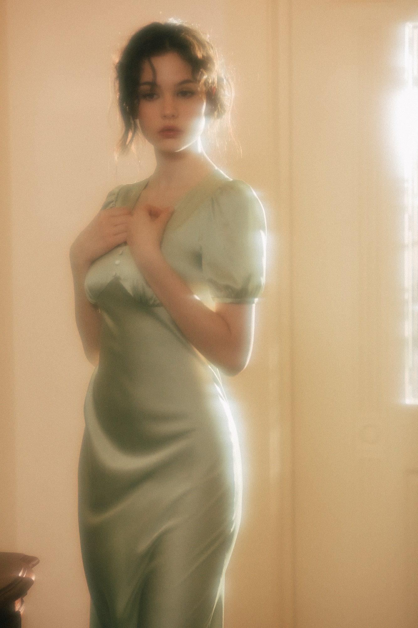 Pistachio silk dress with V-neck