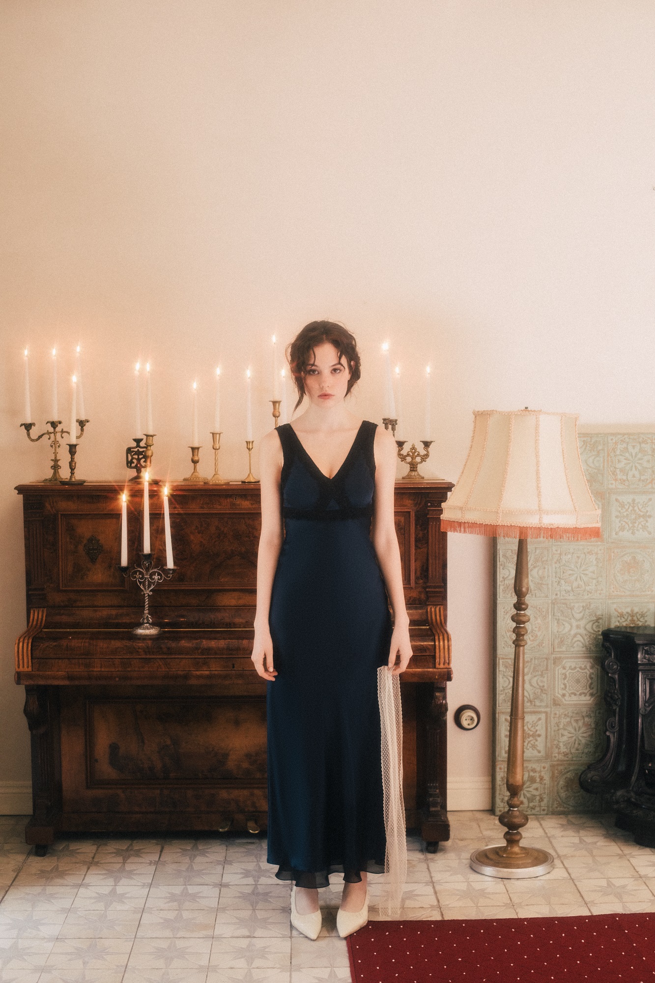 Midnight-blue silk dress with French lace