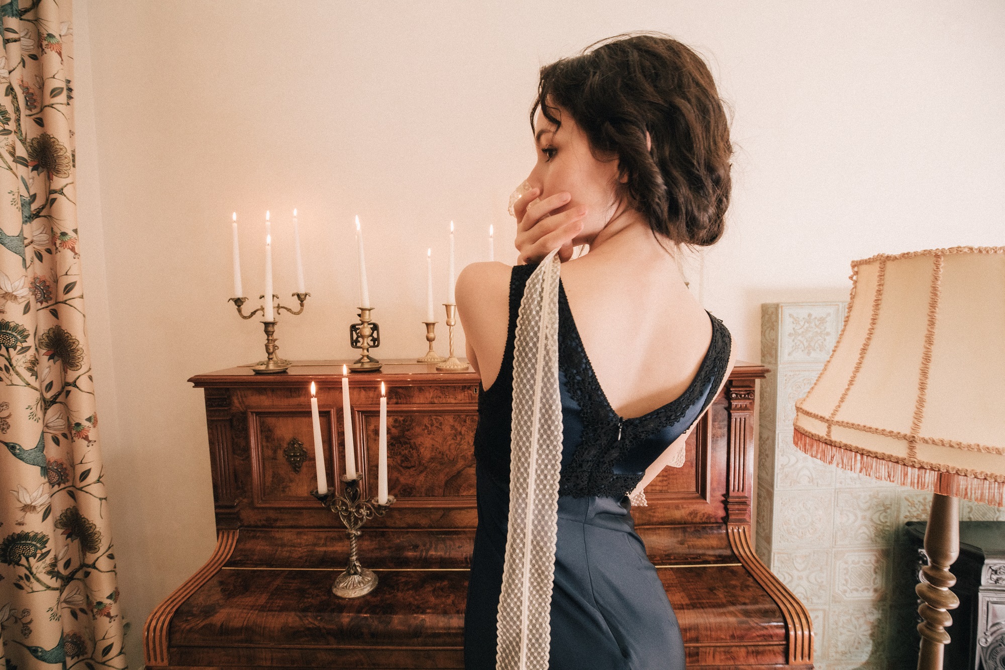 Midnight-blue silk dress with French lace