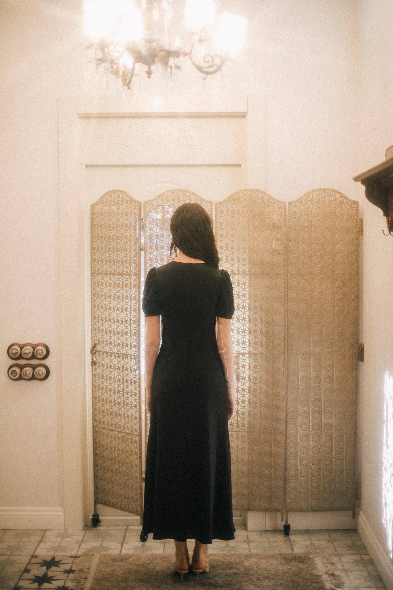 Black silk dress with V-neck