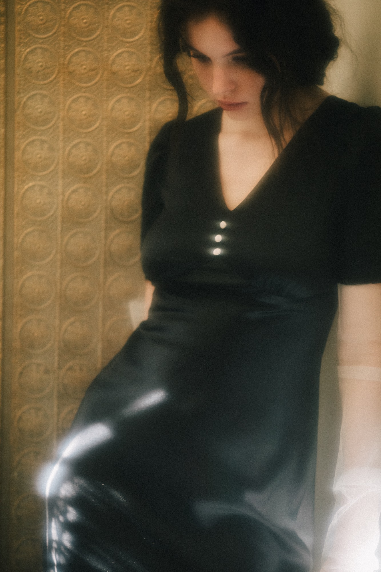 Black silk dress with V-neck