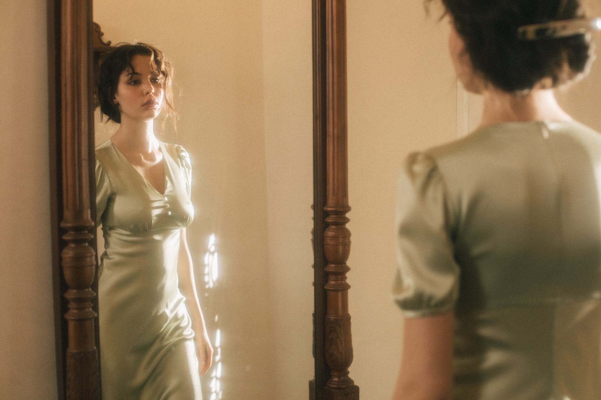 Pistachio silk dress with V-neck