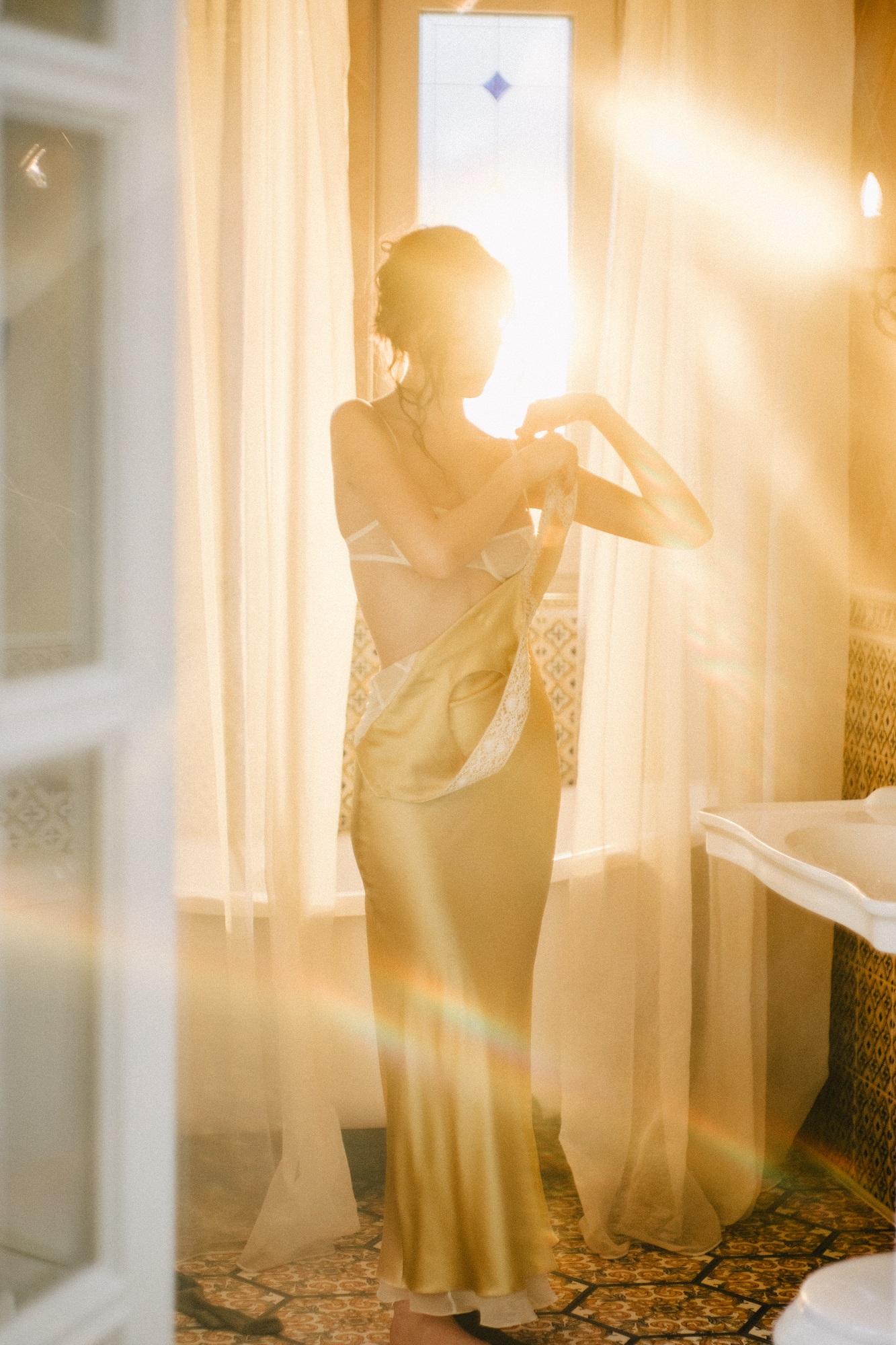 Creamy yellow silk dress with French lace