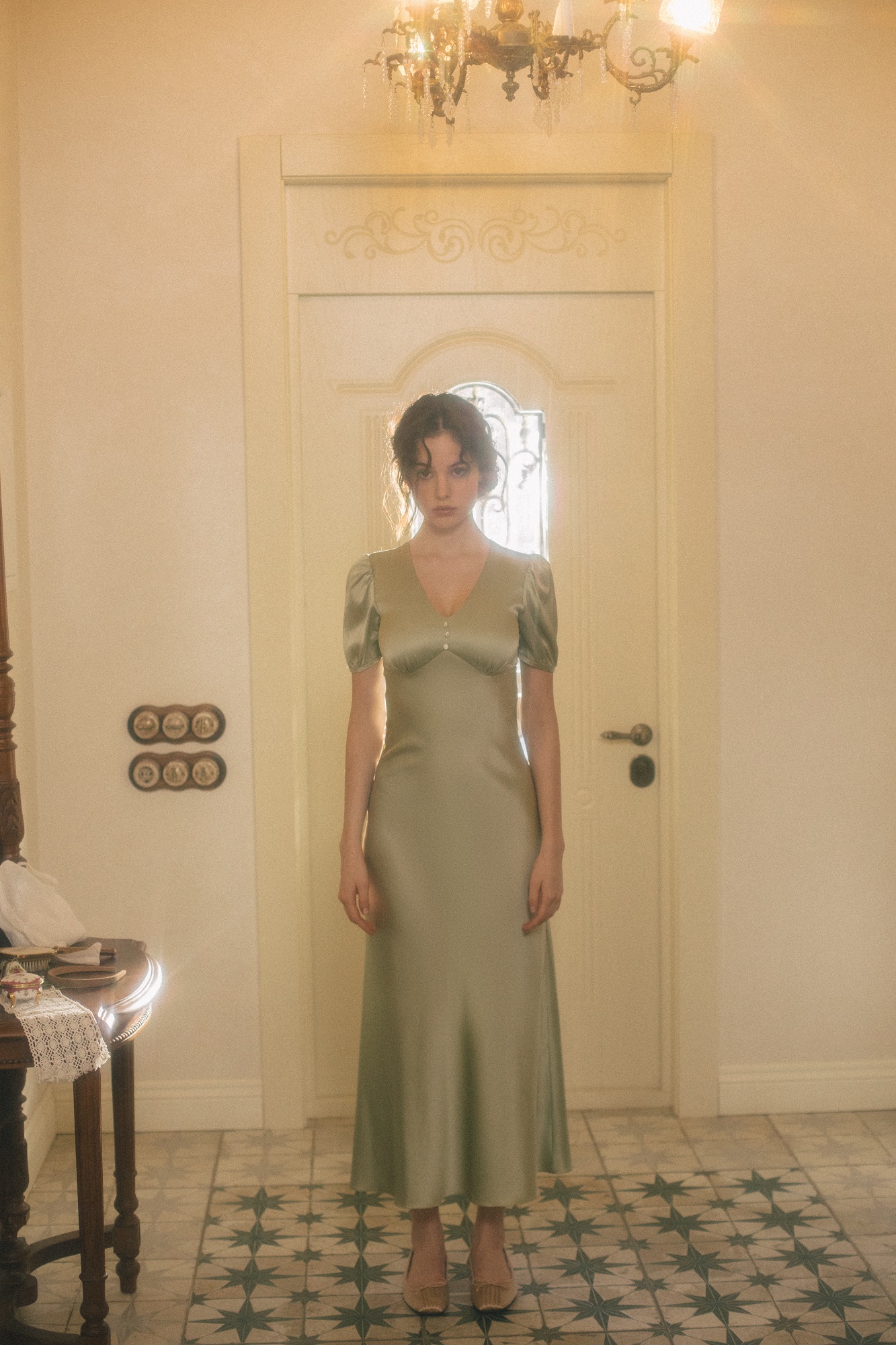 Pistachio silk dress with V-neck