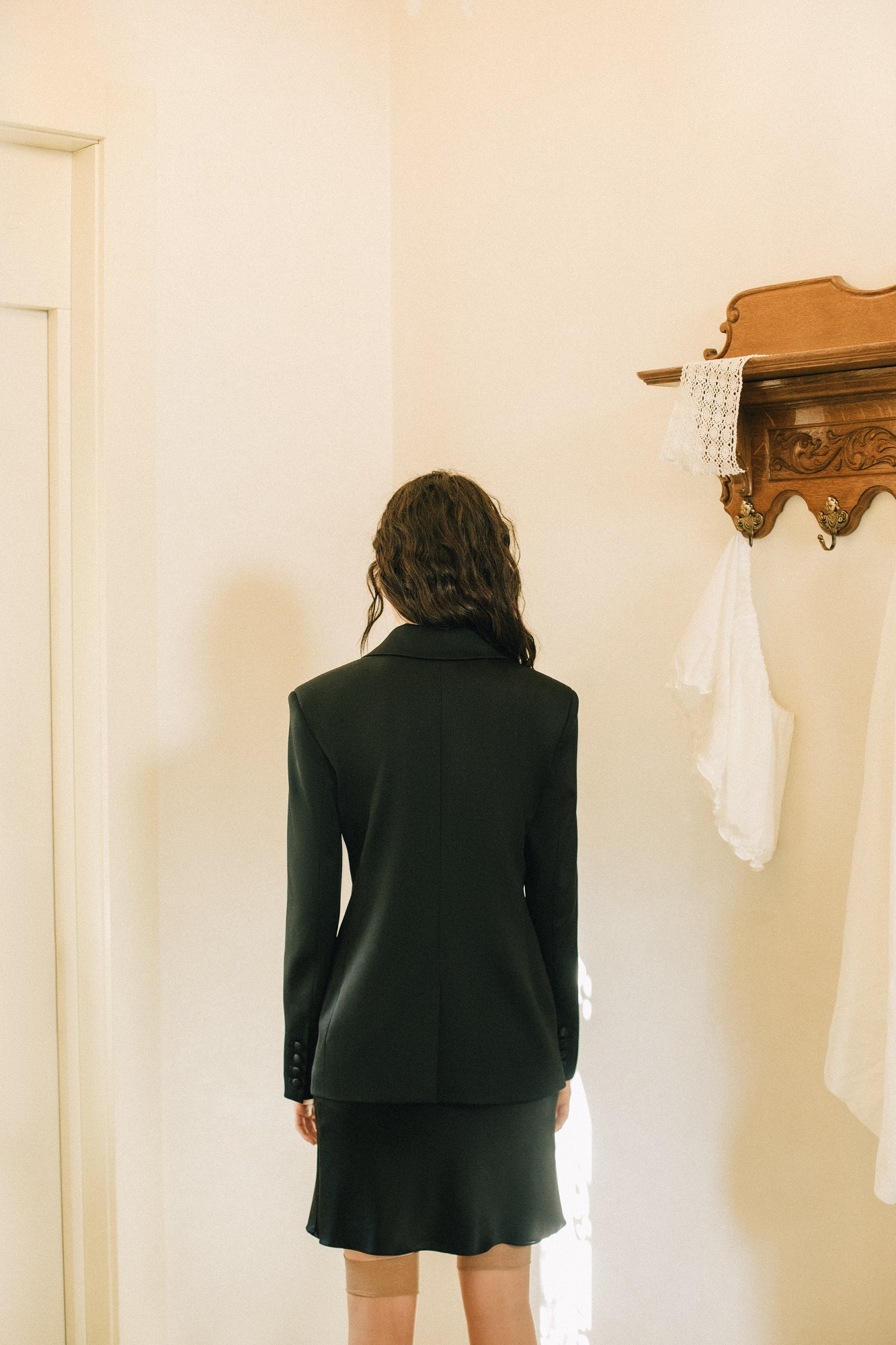 Double-breasted suit wool jacket with satin lapels