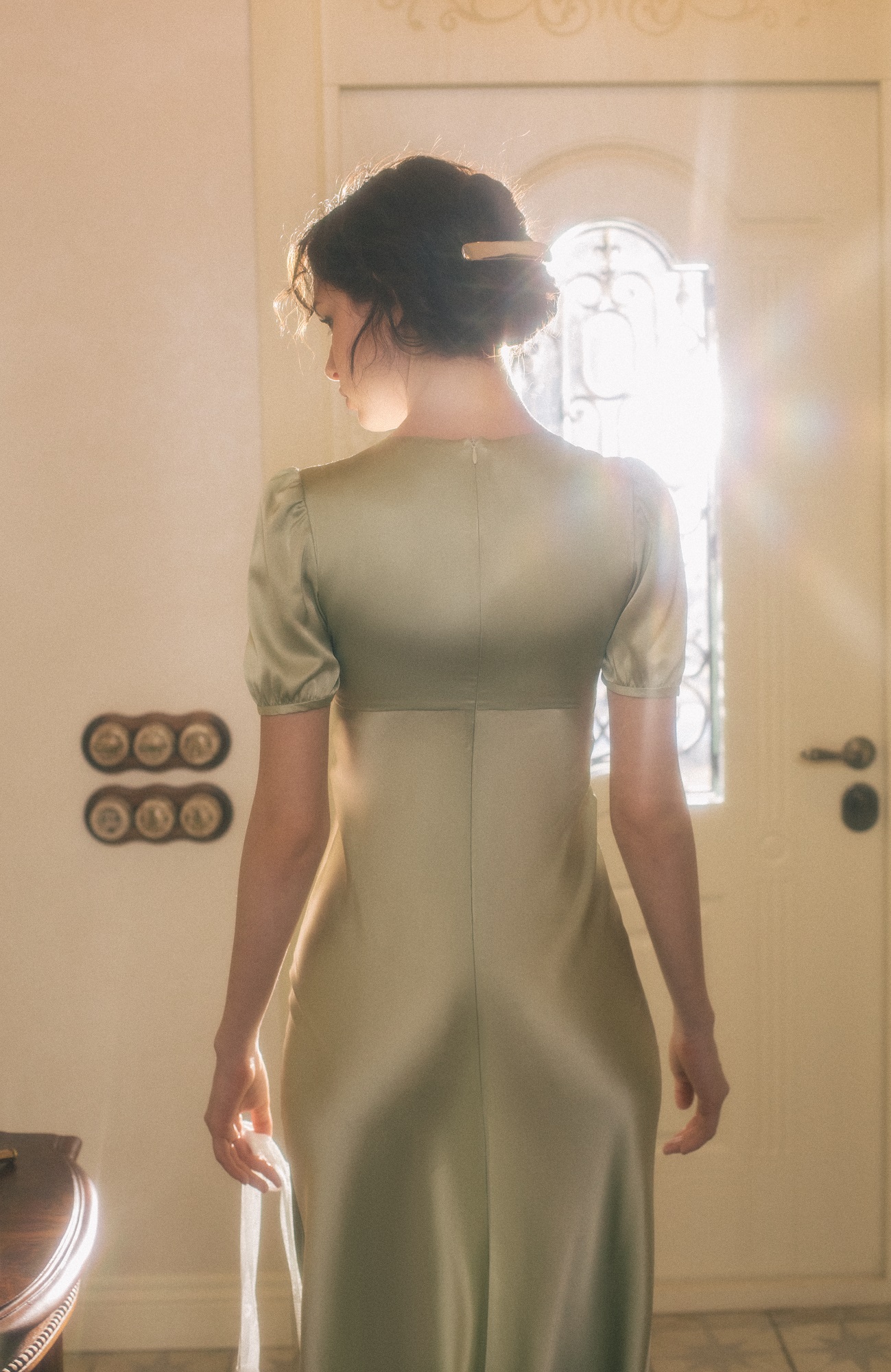 Pistachio silk dress with V-neck