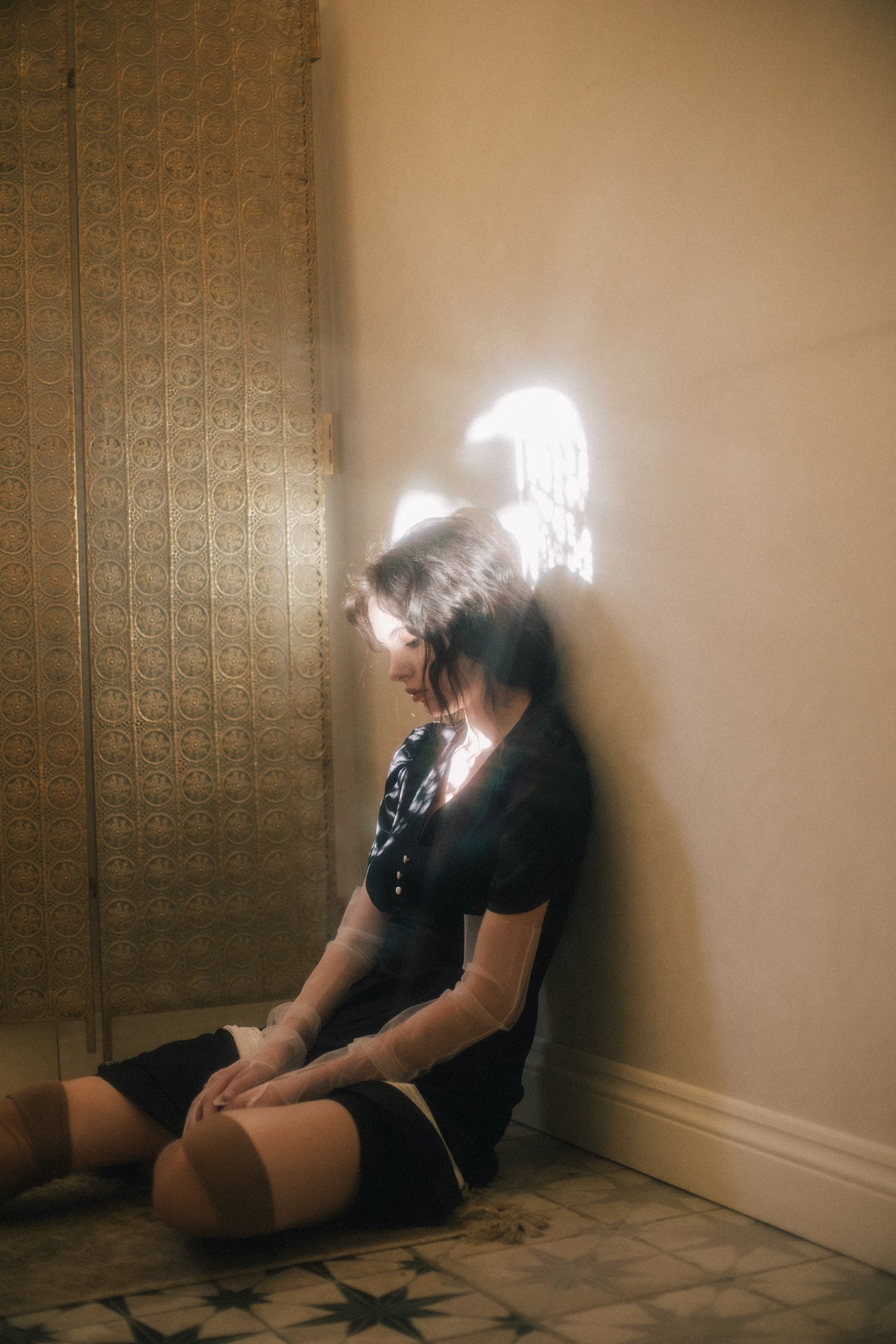 Black silk dress with V-neck