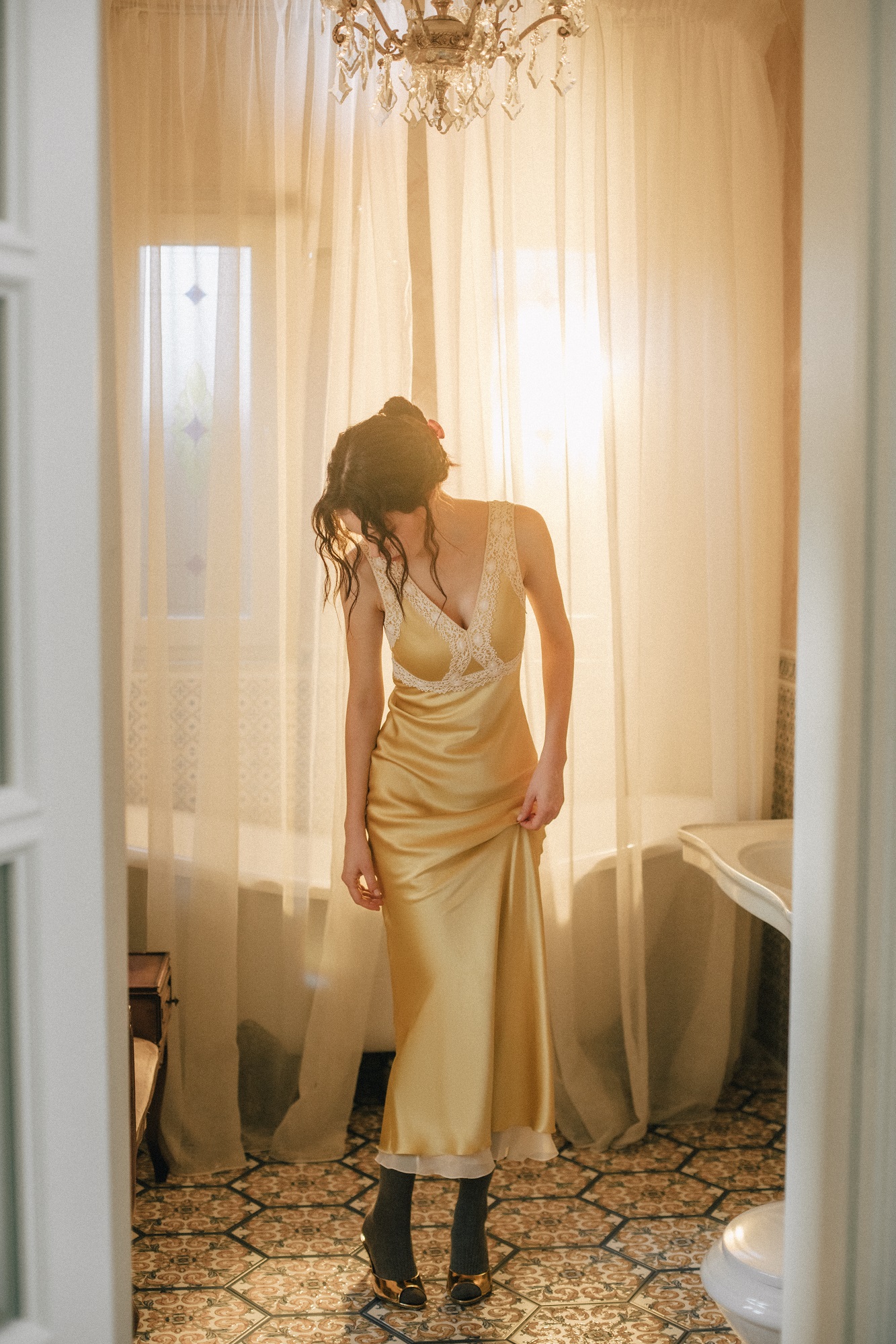 Creamy yellow silk dress with French lace