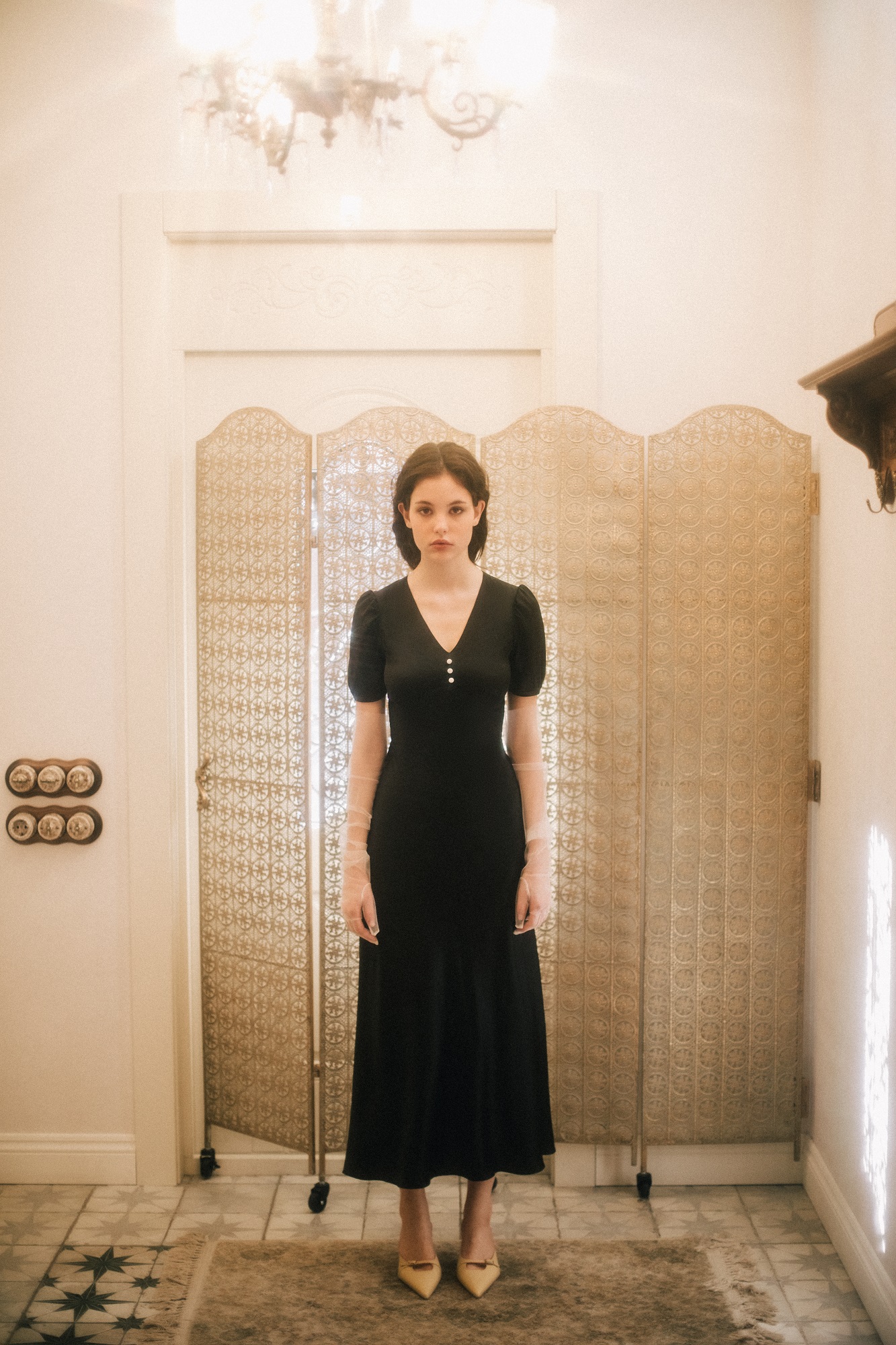 Black silk dress with V-neck