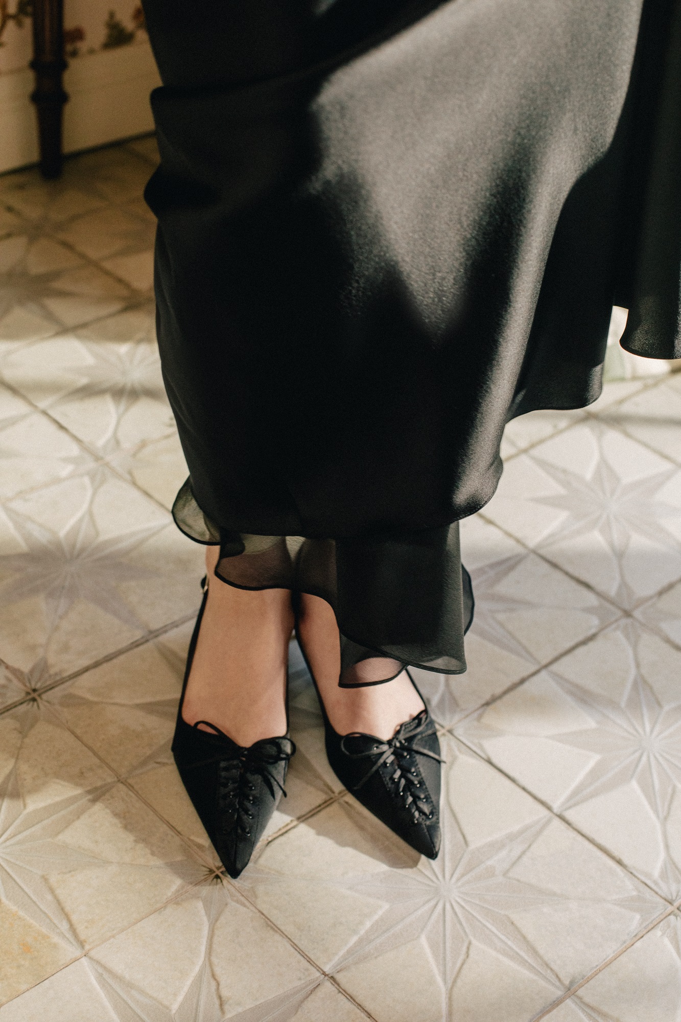 Black silk skirt with chiffon insert